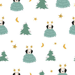 Festive Christmas seamless pattern with hand-drawn adorable dogs