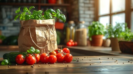 Fresh Basil and Tomatoes on Wooden Table Generative AI