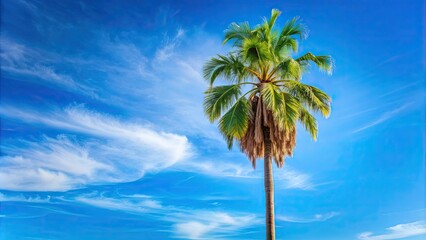 Fototapeta premium Tall palm tree standing against a vibrant blue sky, Palm tree, sky, tropical, nature, outdoors, sunny, vacation, summer