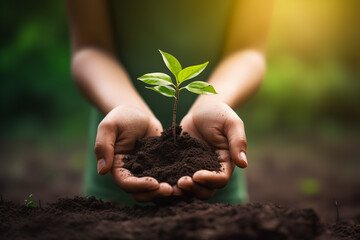 Close-up of hands holding a green seedling with soil, set against a natural background, symbolizing growth, care, and environmental consciousness.