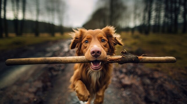 dog running with a stick. Nova Scotia Duck Tolling Retriever