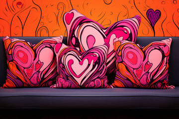 Colorful heart-patterned cushions on a sofa against a vibrant wall, creating a cozy and lively decor.