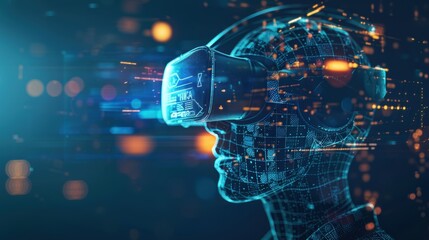 Immersed in Virtual Reality: Person wearing VR headset with futuristic digital interface displayed