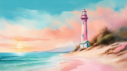 Fototapeta premium A beach with turquoise ocean and pink sand. Ideal for illustrating books or articles, designing calendars, books cover and creating items backgrounds like mugs, T-shirts, cards, tote bags, boxes.