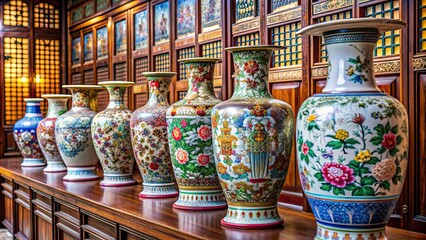 Exquisite Chinese porcelain vases displayed in an ancient imperial palace , Chinese, porcelain, vases, ancient