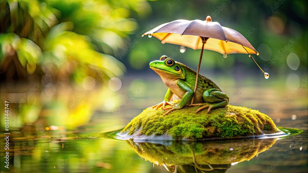 Sticker Green frog sitting on mossy rock in summer pond holding umbrella in rain, frog, green, mossy rock, summer pond, umbrella, rain