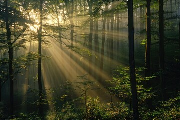 Obraz premium Beams of Rising Sun Through Forest Trees in Swabian Alps, Baden-Wurttemberg, Germany