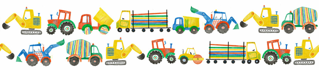 Beautiful childish horizontal seamless pattern with hand drawn watercolor kid's toys illustrations. Construction equipment concrete mixer dump truck excavator tractor. © zenina