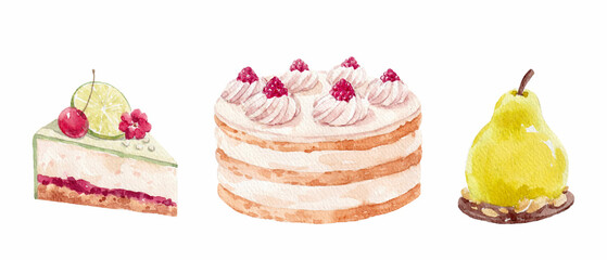 Beautiful stock illustration with watercolor hand drawn delicious dessert. Clip art. Cake illustration for menu design.