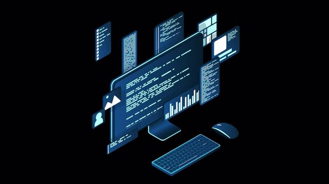 Isometric computer technology animation. Desktop computer platforms. Software programming coding concept. Code with computer monitor. Transparent background with alpha channel