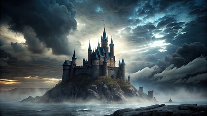 Naklejka premium Dark and mysterious black castle against a dramatic sky , medieval, gothic, architecture, spooky, fortress, ancient, fantasy