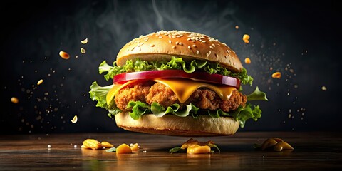Fresh crispy fried chicken burger with flying ingredients on dark background , fast food, sandwich, fried chicken, burger