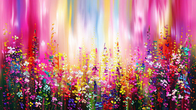 abstract pink 3d flower background with dynamic colorful paint strokes, with a focus on the texture and depth of the paint, showing vibrant rainbow colored variations from blue to green, red, yellow