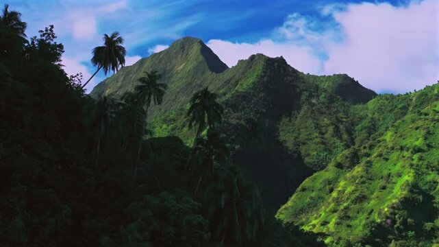 Mountain valley parallax palm coconut trees Teahupoo Tahiti aerial drone French Polynesia South Pacific island bright afternoon sunny green lush blue sky clouds WSL surfing Olympic venue right motion
