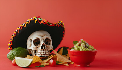 Human scull with Mexican sombrero hat, nachos chip and guacamole on color background. Space for text