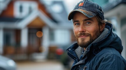 A friendly portrait of a man (possibly a contractor or delivery worker) in a cap and warm jacket against the backdrop of a modern suburban home. His open gaze and neat appearance perfectly convey the 