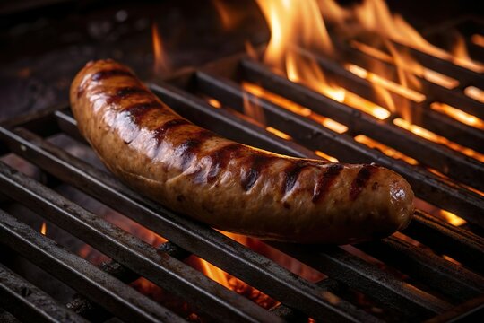 grilled sausage on bqq grill oven with fire burning