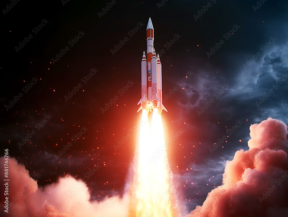 Poster a rocket launch against a dramatic sky, with a creative concept of exploration and achievement. gene
