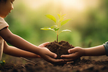 Two children passing a young green plant with soil, symbolizing growth, care, and future, set against a soft, sunny background.