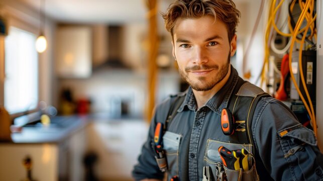 young Caucasian electrician in uniform with tool in customer's house repairing or installing electrical equipment