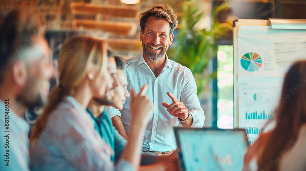 Poster a smiling man presenting to a group of colleagues in a modern office, on a blurred background, conce