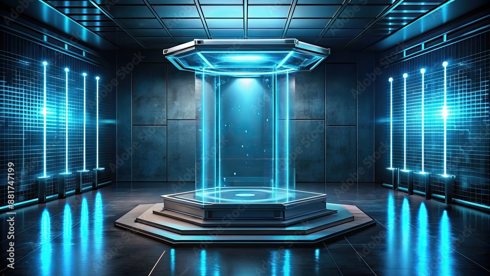 Poster Futuristic holographic display podium in dimly lit room, , futuristic, holographic, display, podium, lights, dimly lit