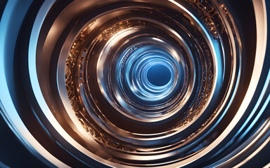 Abstract spiral tunnels with metal patterns and blue lights