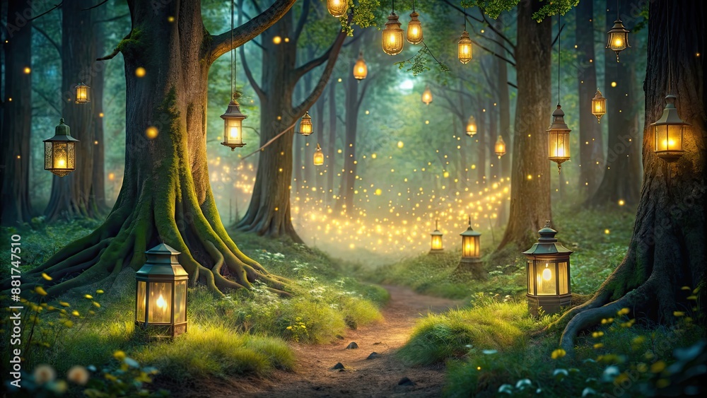 Sticker Enchanted forest at night with glowing lanterns and fireflies, Enchanted, forest, night, glowing, lanterns, fireflies, mystical