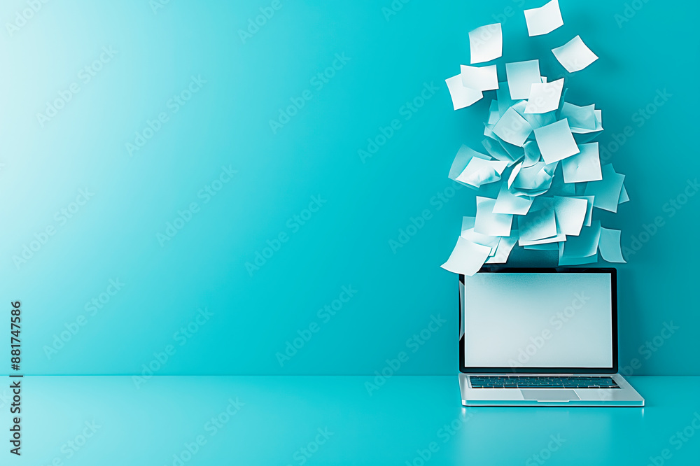 Poster laptop with flying papers against a blue background, illustrating an information overload concept. g