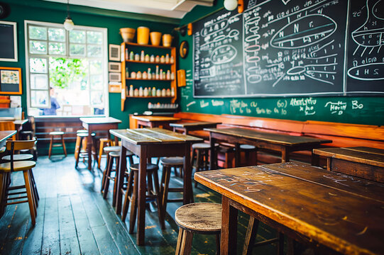 A classic styled classroom with wooden stools and tables, a chalkboard full of writing on a green background, concept of education. Generative AI