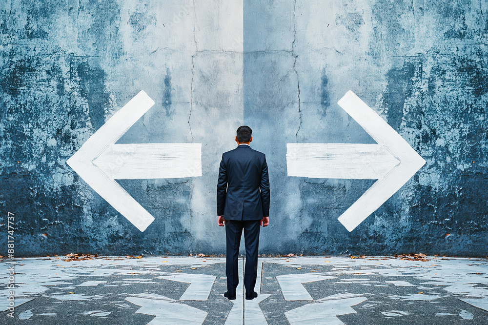 Poster man in suit at a crossroad with large white arrows on a grungy blue wall, symbolizing decision-makin