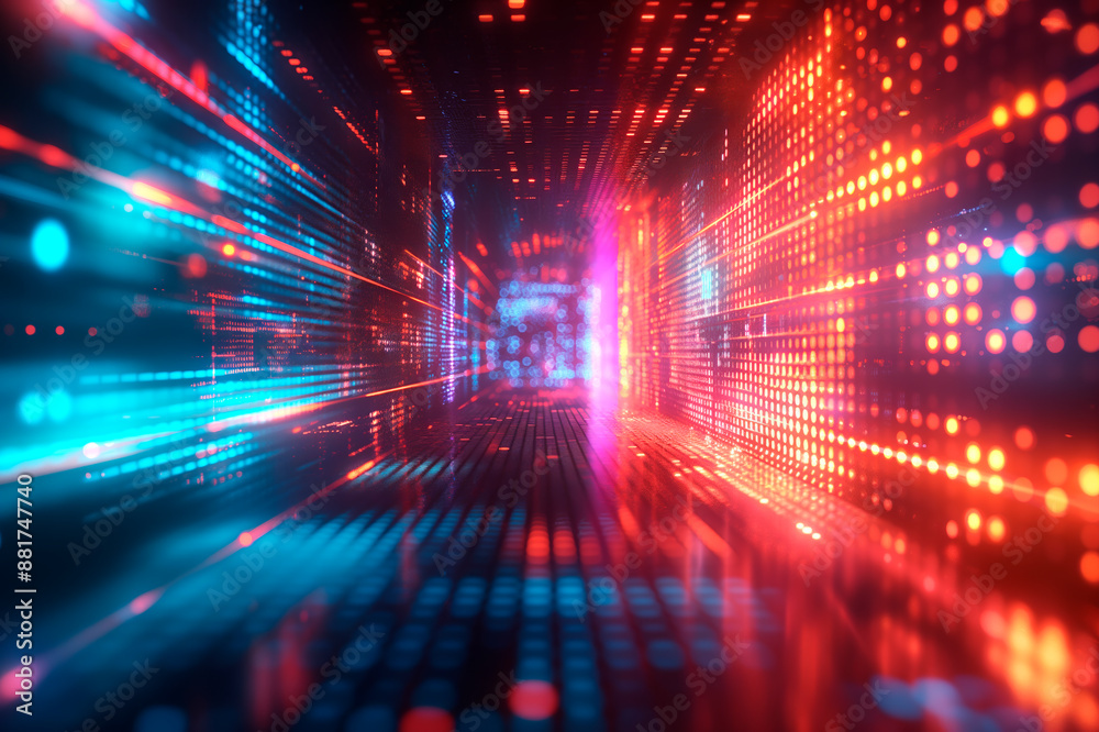 Poster a digital tunnel with red and blue light trails, abstract style, on a dark background, concept of sp