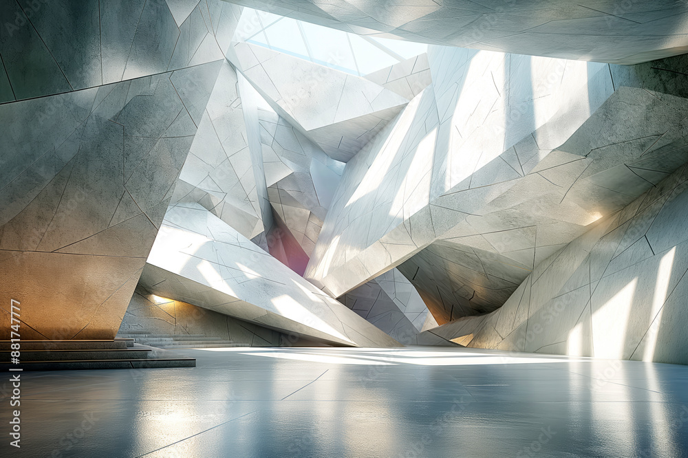 Poster abstract interior design of a modern building with geometrical shapes, photo style on a light backgr
