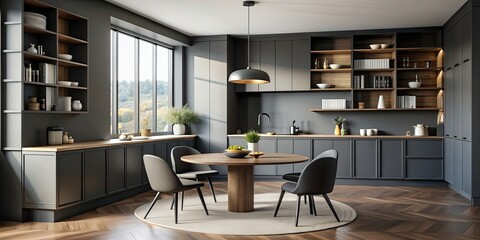 Dark gray kitchen interior with round table, chairs and shelves near window, dark, gray, kitchen, interior, round table, chairs
