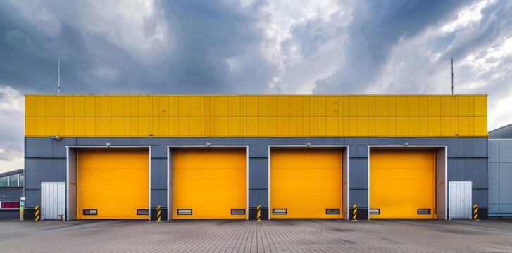 An industrial building featuring large yellow garage doors set against a cloudy sky, highlighting functionality and industrial architecture.