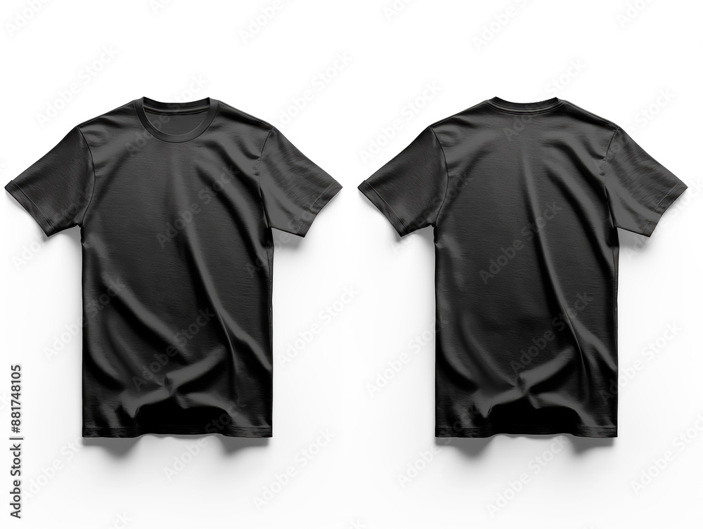 Poster Two black t-shirts, front and back view, on a white surface. Ideal for mock-ups and branding with copy space. Generative AI