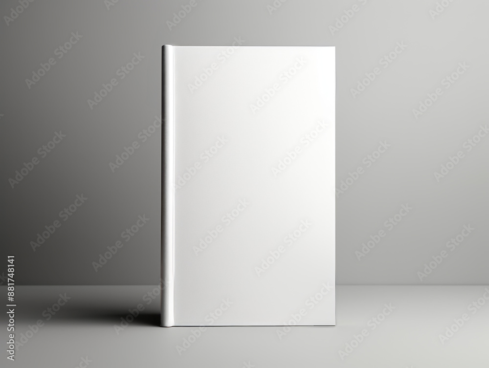Aufkleber a blank book with a white cover stands upright against a neutral grey background, perfect for brandi