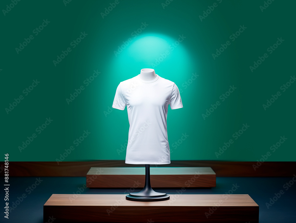 Poster a white t-shirt on a mannequin spotlighted with a dramatic green background for branding and design 