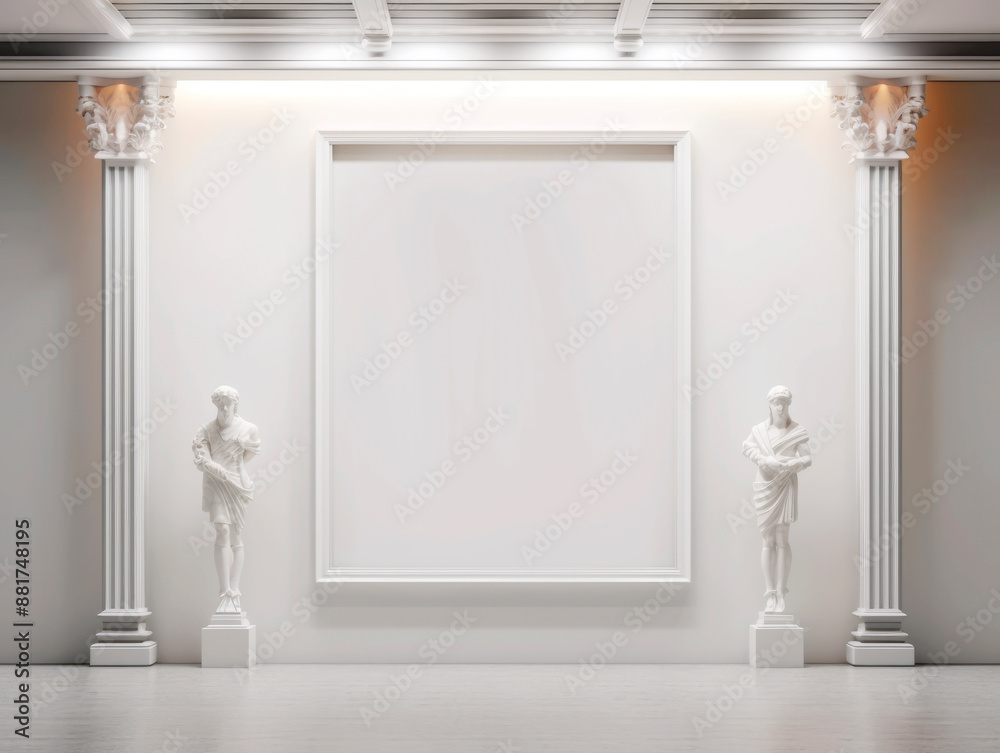 Poster An empty gallery space with a large white blank frame and two classical statues, clean design on a plain background, concept of presentation. Generative AI