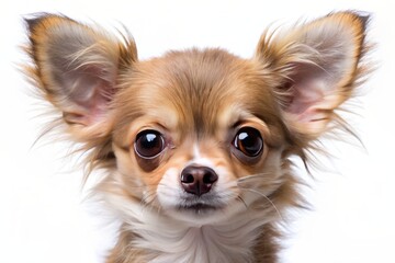 Obraz premium Adorable small chihuahua puppy with big brown eyes and fluffy fur sitting cut out on transparent background, perfect for graphic design and pet projects.