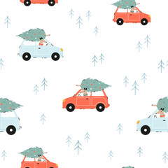 Naklejka premium Festive Christmas seamless pattern with hand-drawn adorable dogs