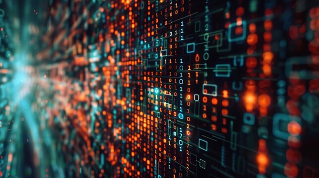 Futuristic digital background featuring binary code and AI algorithms in motion. Abstract concept of artificial intelligence, data processing, and computer science. 