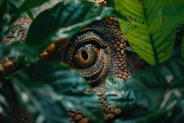Naklejka premium close up of a predator dinosaur eye hide in green leaves jungle blurred background