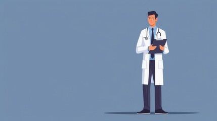 Professional Male Doctor in White Coat Holding Clipboard on Blue Background