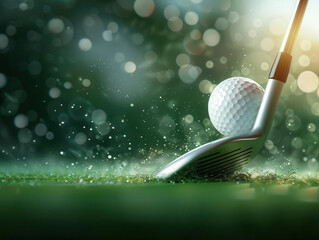 Close-up of a golf club hitting a golf ball on a rainy day. The image captures the moment of impact and the surrounding water splashes.