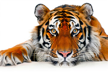 Fototapeta premium A beautiful adult tiger lies on a white background