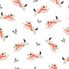 Festive Christmas seamless pattern with hand-drawn adorable dogs