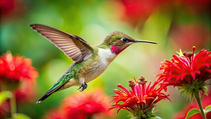 Fototapeta premium Hummingbird feeding on a red flower in a lush garden, hummingbird, red flower, lush, garden, nature, wildlife, feeding