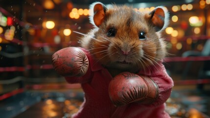 Boxing Hamster with Gloves in a Boxing Ring - Generative AI