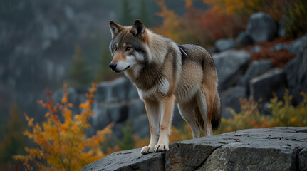 Obraz premium A lone Timber wolf or Grey Wolf (Canis lupus) standing on a rocky cliff looking back on a rainy day in autumn in Quebec, Canada, generative.ai 